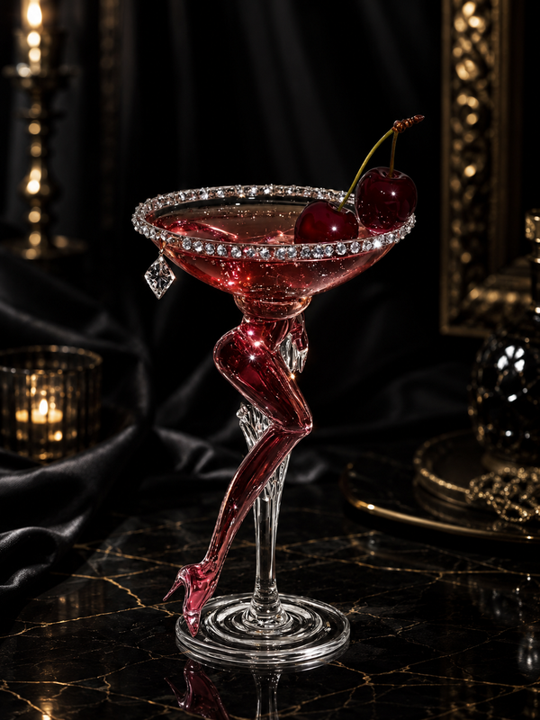 Rouge Élixir Handcrafted Crystal Cocktail Coupe with Sculptural Art Stem & Crystal Halo