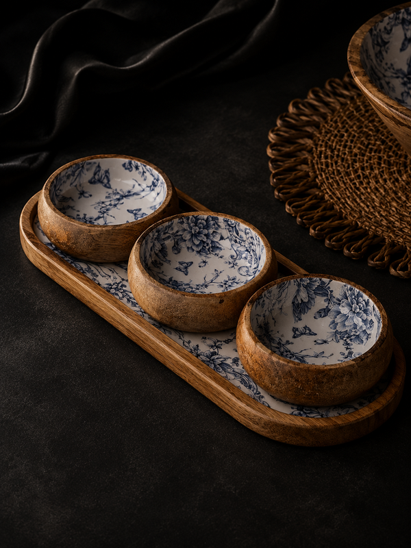 Florentine Bleu Luxury Ceramic & Acacia Wood Condiment Serving Set (4-Piece)