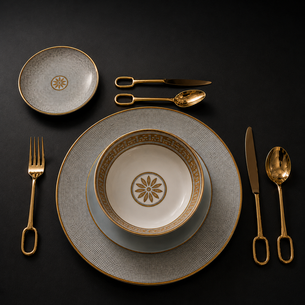 Imperium Aurelia Fine Bone China Dinnerware Set with Hand-Finished Gold Mosaic Detailing