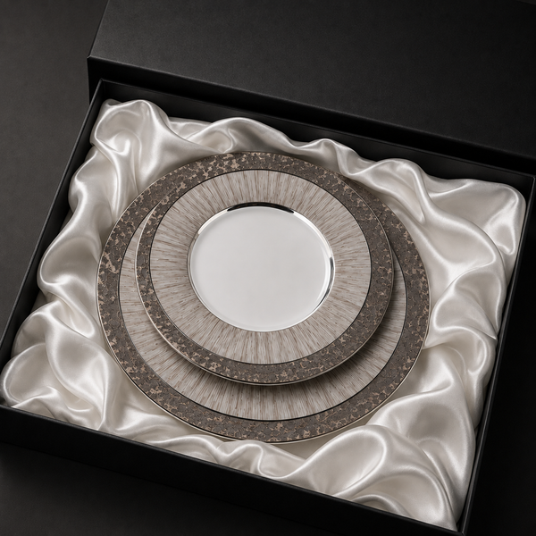 Elysian Stone Fine Bone China Dinnerware Set with Platinum Stone Texture & Satin Gift Presentation