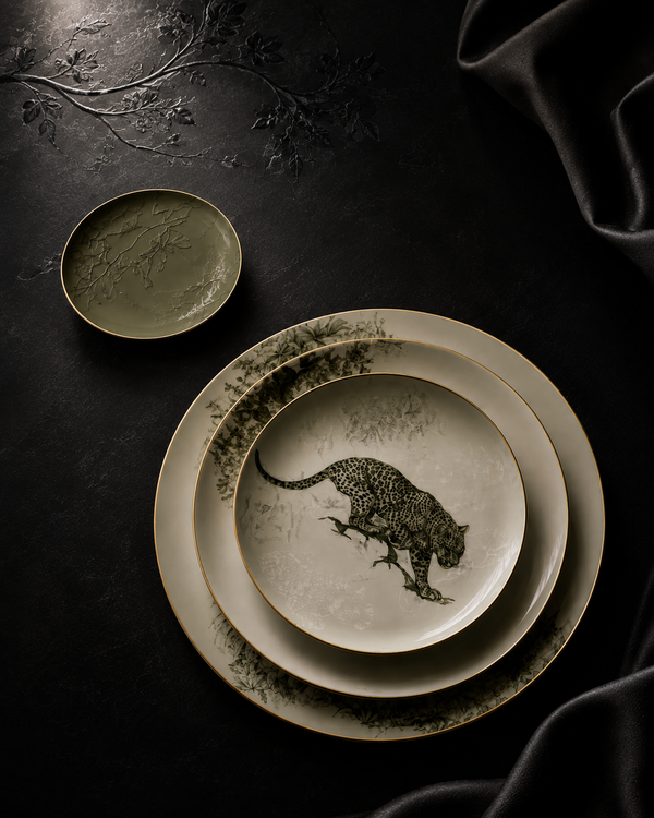 Panthère Royale Luxury Fine Bone China Dinnerware Set with 24K Gold Rim