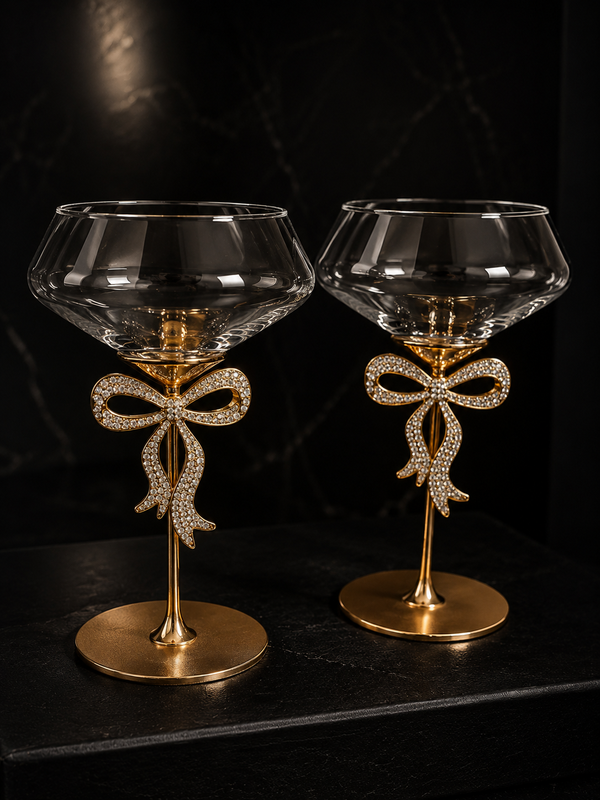 Aurielle Bow Luxury Crystal Coupe Glass Set with 24K Gold Bow Stem (Set of 2)