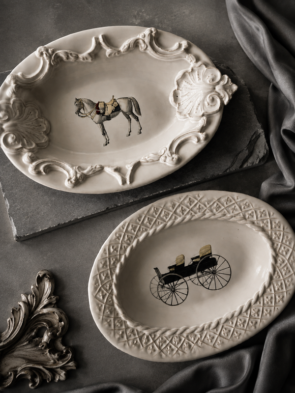 Heritage Équestre Handcrafted Fine Ceramic Oval Serving Platter Collection with Vintage Equestrian Motifs