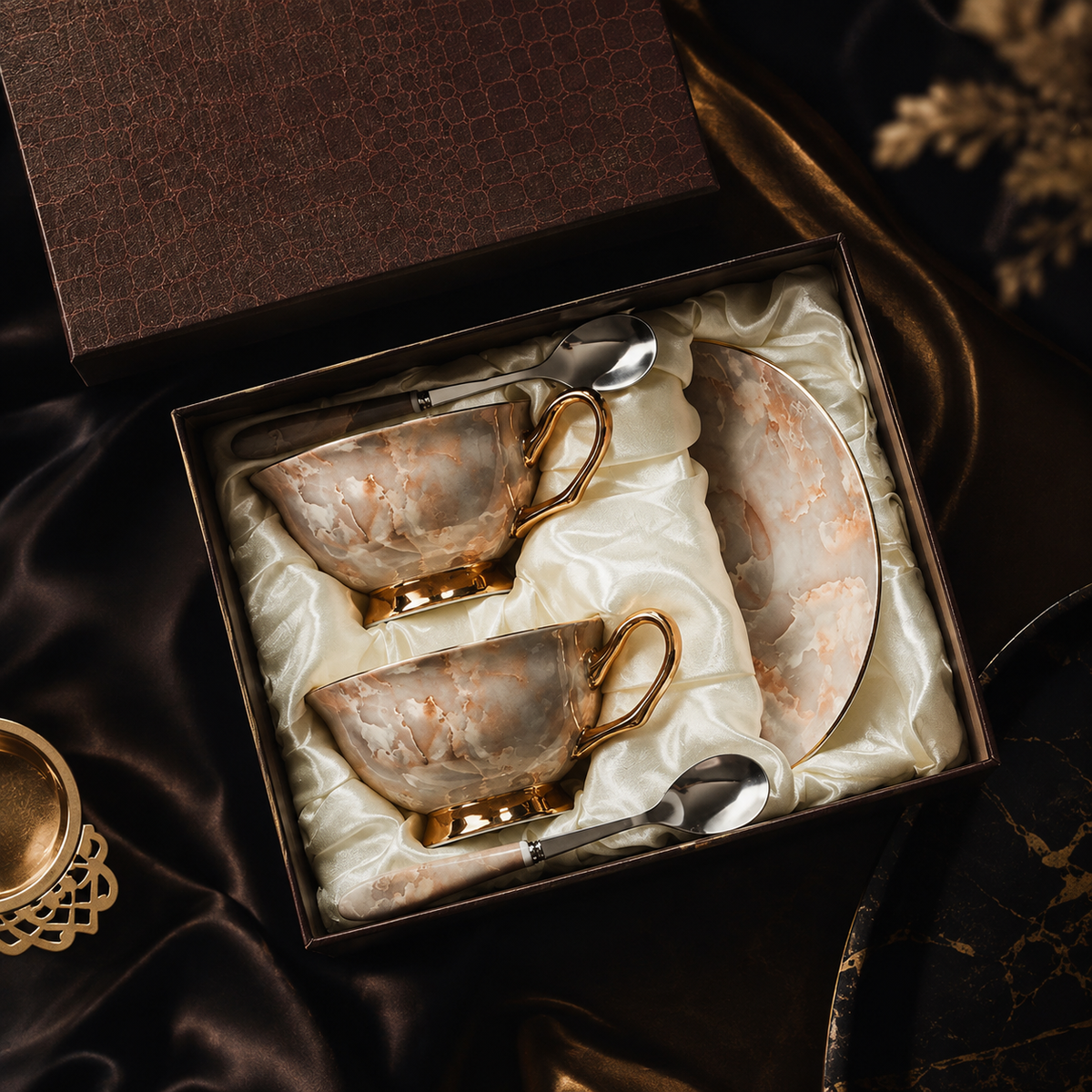Aurum Onyx Luxury Marble-Inspired Tea Cup & Saucer Gift Set with Gold Accents (4-Piece)