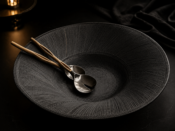 Obsidian Halo Handcrafted Textured Stoneware Serving Bowl – Noir Signature Collection