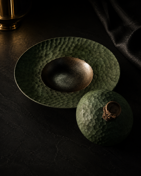 Verdant Eclipse Handcrafted Stoneware Serving Bowl with Sculpted Lid – Emerald Heritage Collection