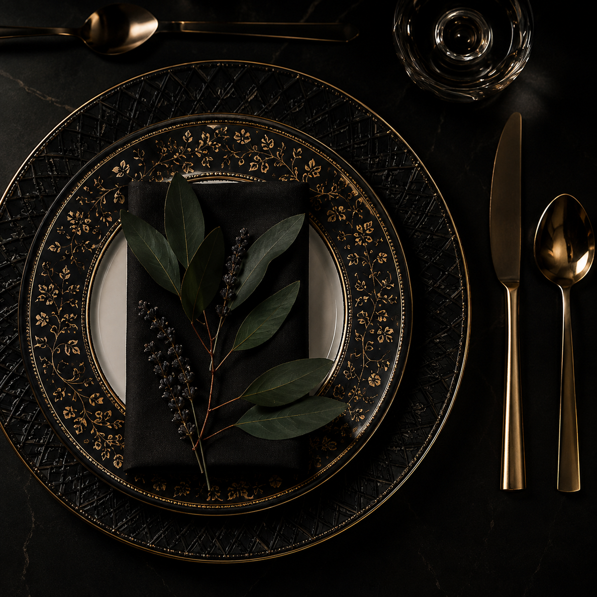 Noir Botanica Fine Bone China Dinnerware Set with 24K Gold Botanical Detailing – Maison Éclipse Collection
