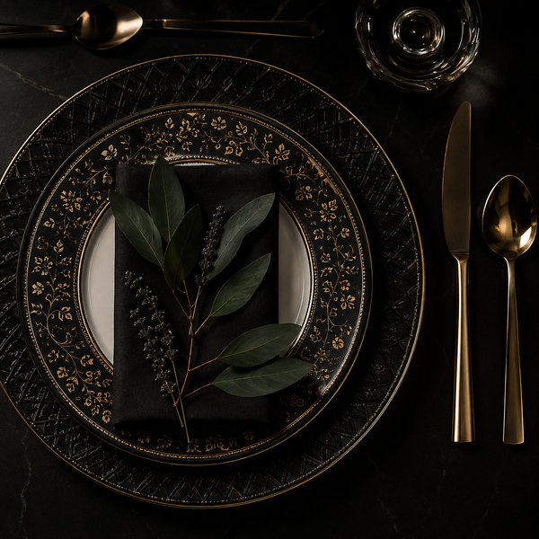 Noir Botanica Fine Bone China Dinnerware Set with 24K Gold Botanical Detailing – Maison Éclipse Collection