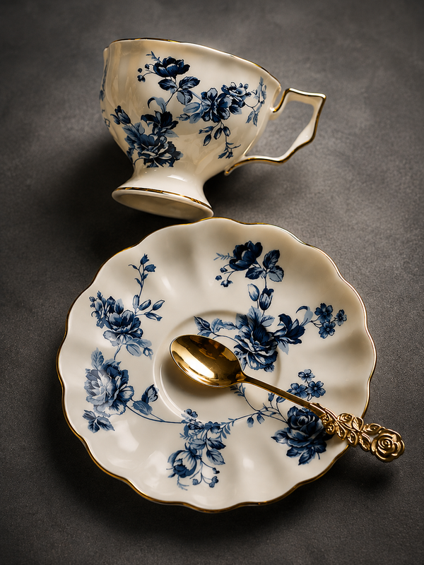 Azure Fleur Royale Fine Porcelain Tea Cup & Dessert Plate Set with Hand-Finished Gold Accents