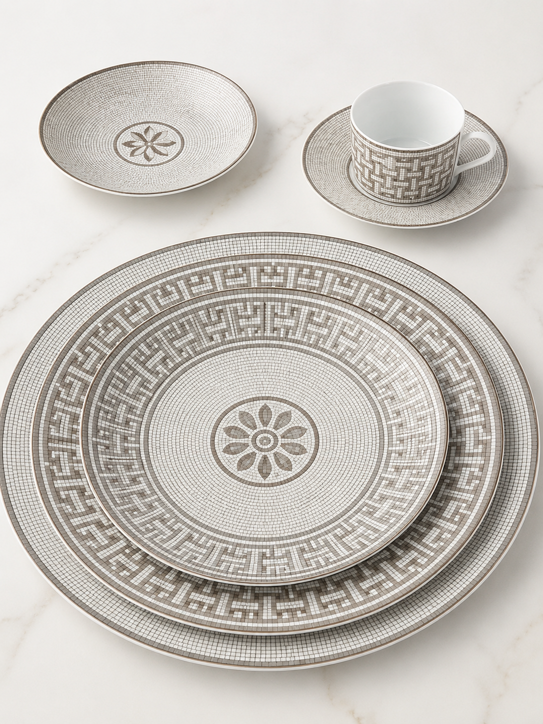 Imperium Mosaic Fine Bone China Dinnerware & Tea Service with Platinum Mosaic Detailing