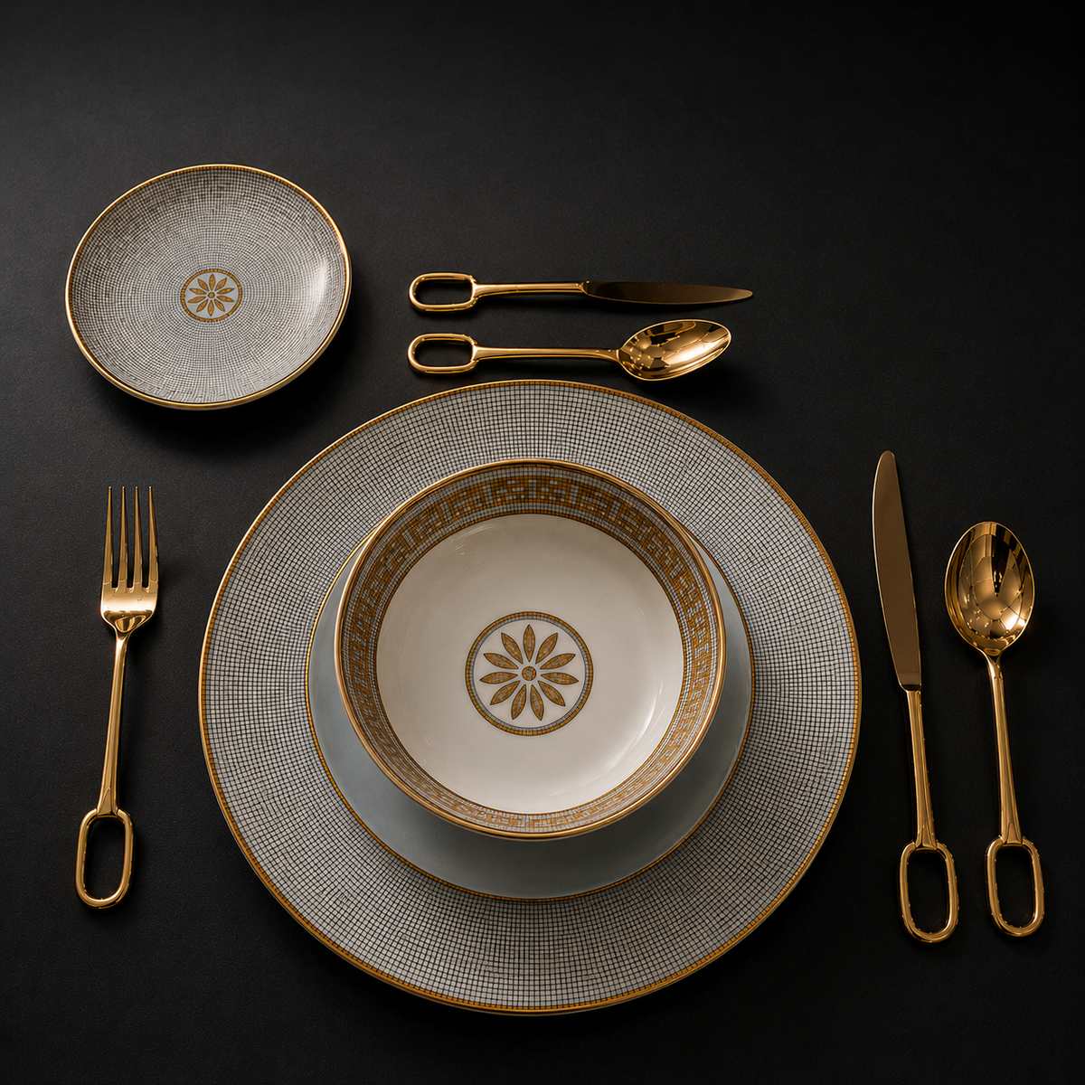 Imperium Aurelia Fine Bone China Dinnerware Set with Hand-Finished Gold Mosaic Detailing