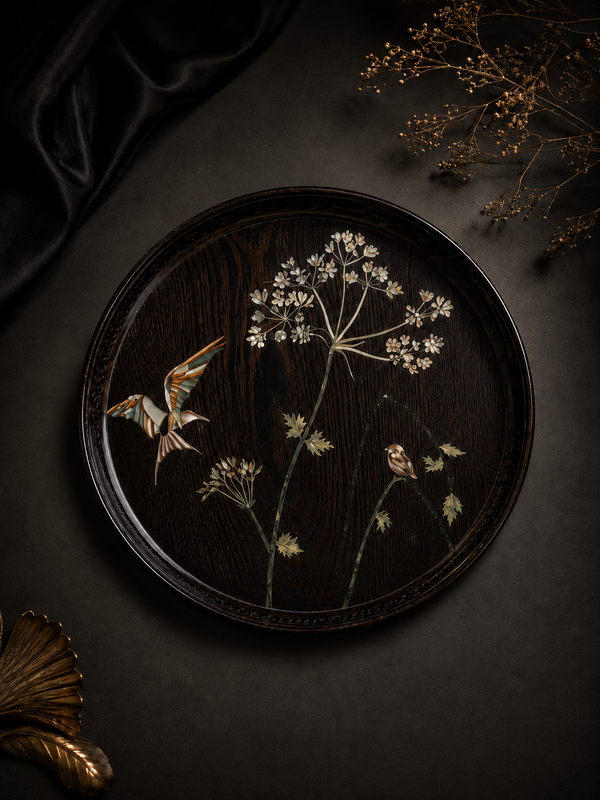 Sylvan Aviary Handcrafted Luxury Wooden Serving Tray with Mother of Pearl Inlay