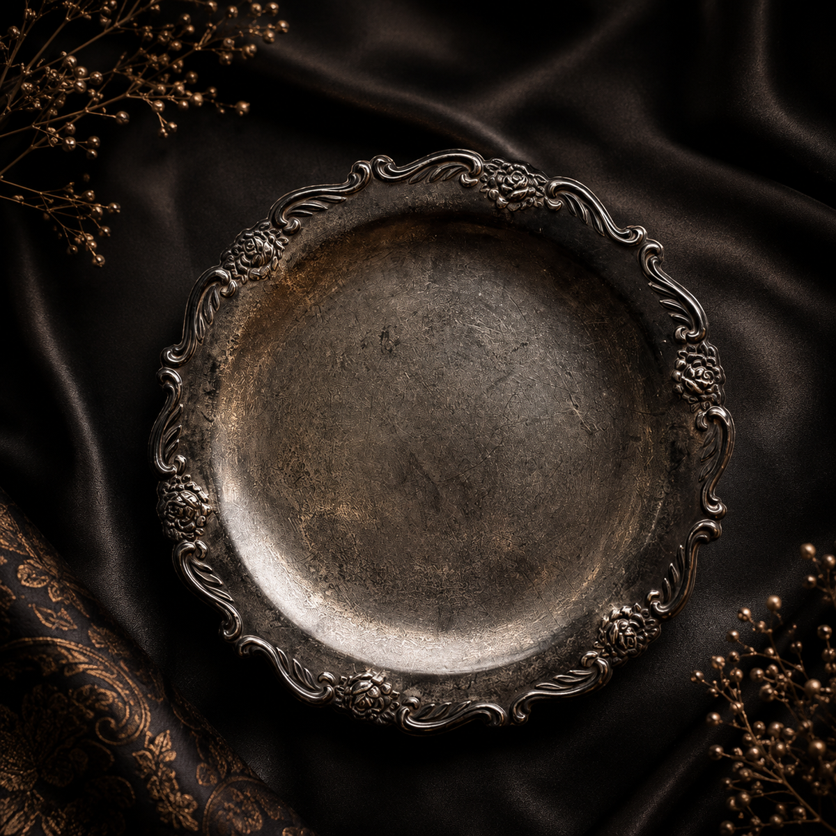 Regalia Noir Handcrafted Luxury Vintage Serving Platter with Antique Silver Finish