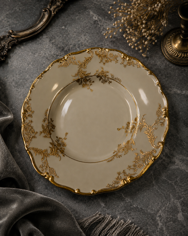 Élysée Royale Luxury Fine Bone China Soup Plate with Hand-Applied 24K Gold Filigree