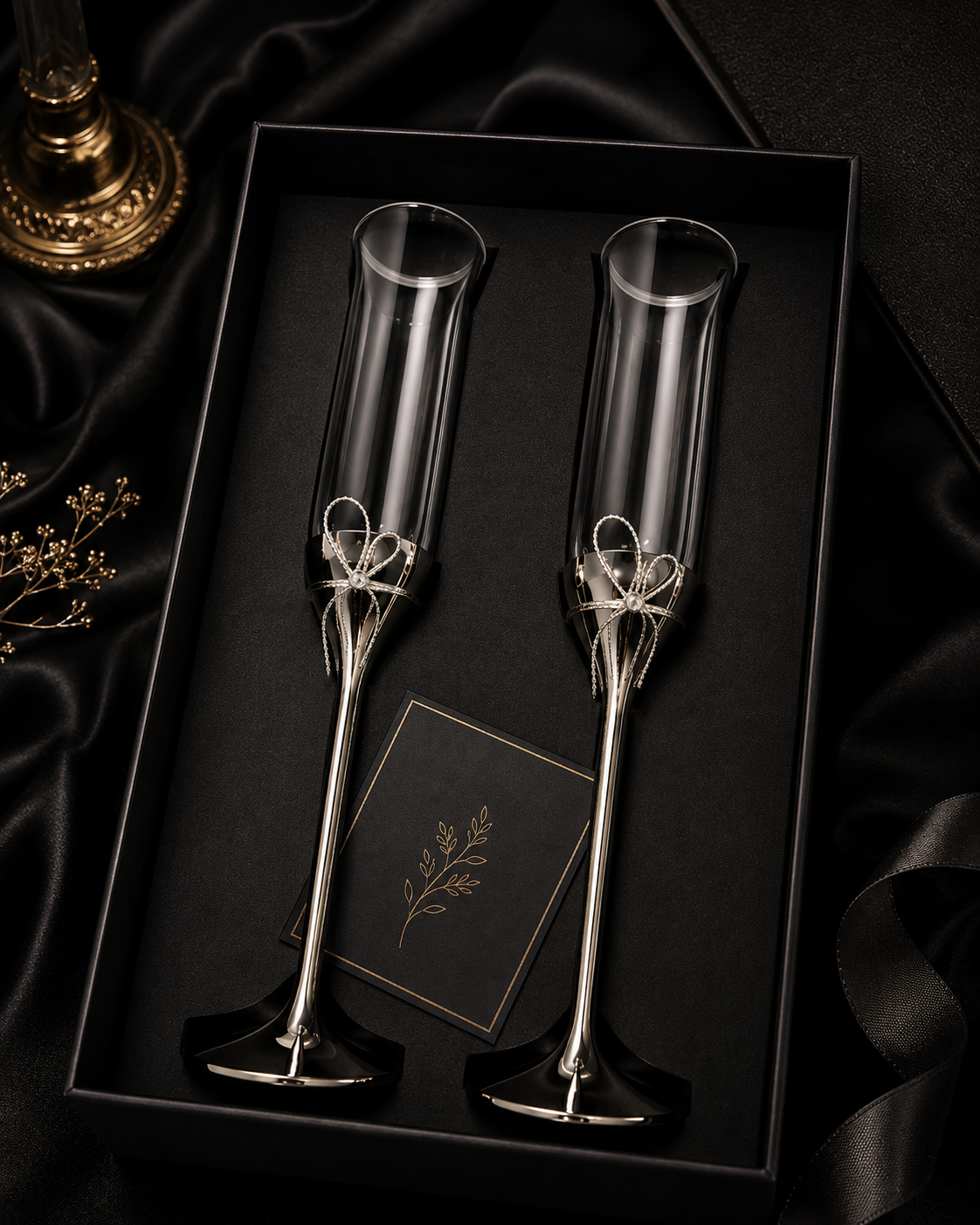 Celestia Étoile Luxury Crystal Champagne Flute Gift Set with Platinum Floral Stem (Set of 2)
