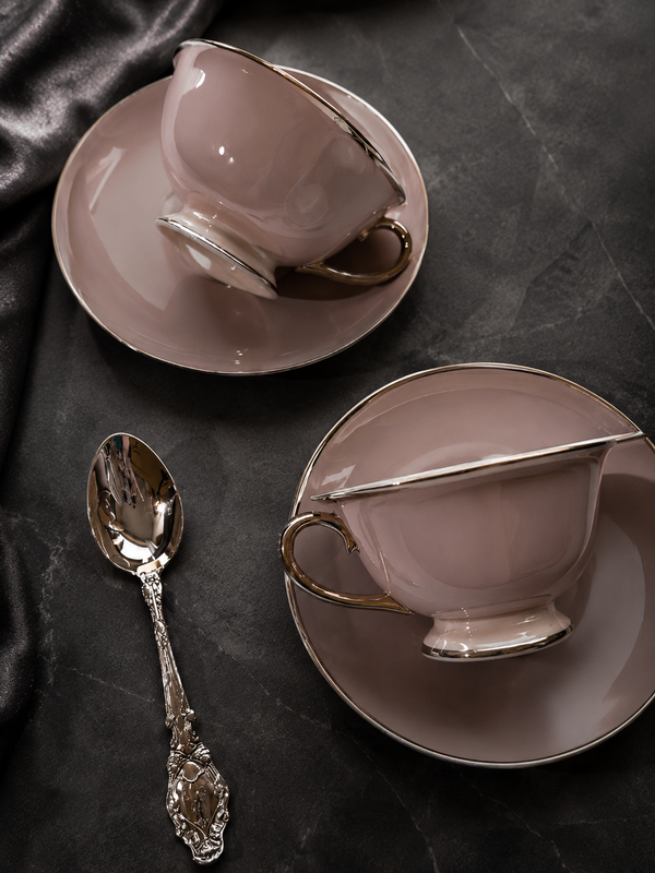 Rosé Lumière Luxury Fine Bone China Tea Cup & Saucer Set with Platinum Rim (Set of 2)